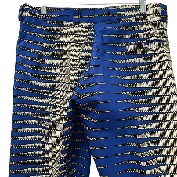 Abstract Print Pants Blue Gold Geometric Mid Rise Tapered Leg Bold Retro Mod - Picture 10 of 10